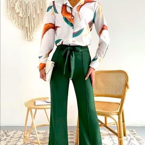 Random print button up blouse & solid belted pants